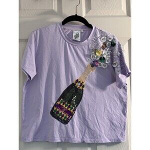 Queen of Sparkles Purple Champagne Bottle Sequin Floral T-Shirt Mardi Gras XS‎